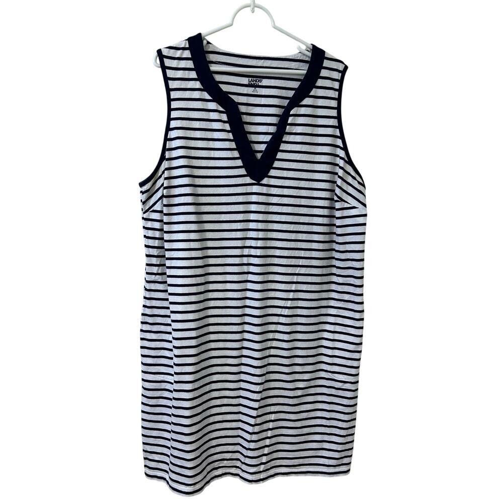 Lands’ End Womens 2X 20W-22W White & Navy Blue Striped Sleeveless Dress Nautical